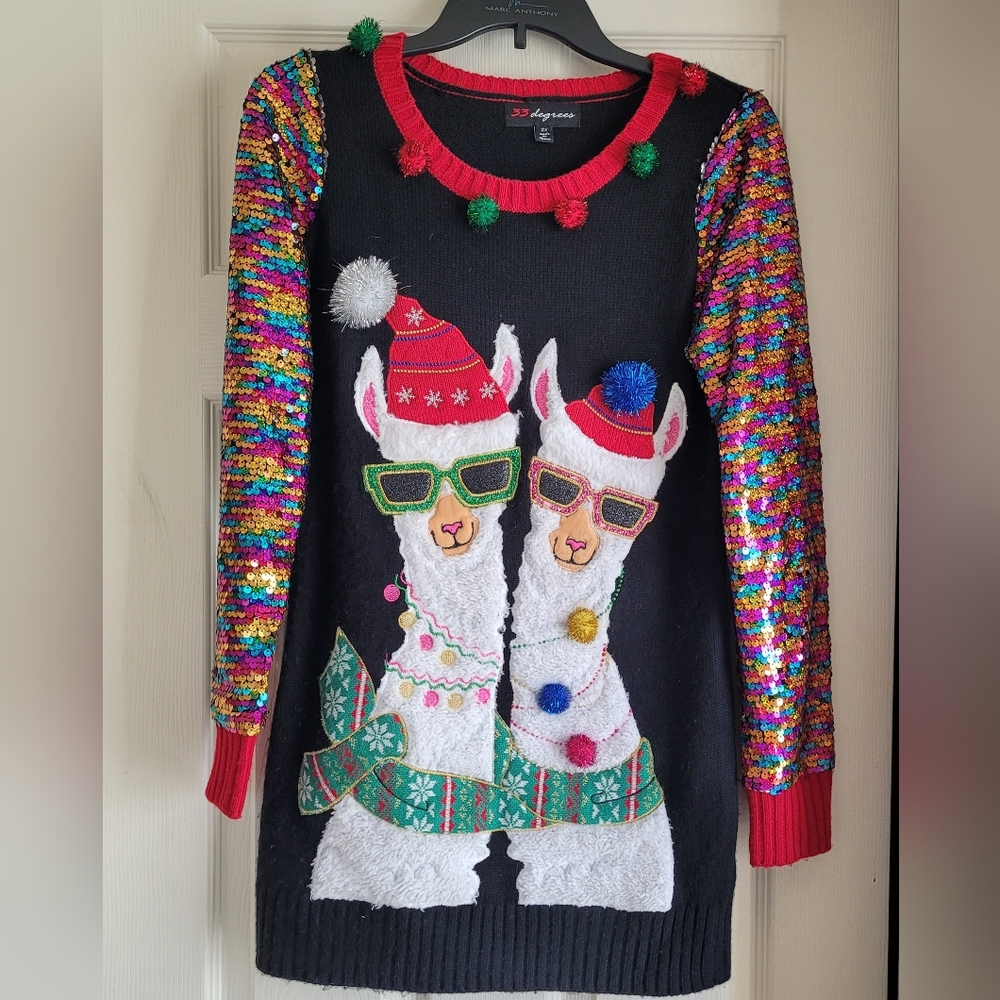 33 Degrees Llamas Sequin Sleeves Ugly Christmas Sweater